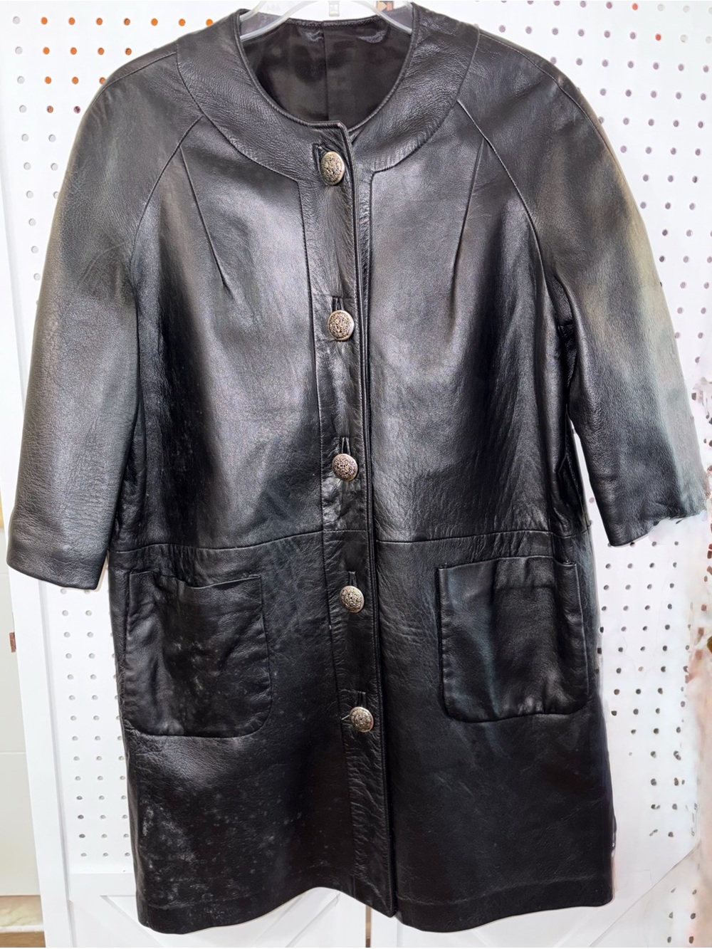 Women's Black Leather Button-Front Jacket with Patch Pockets